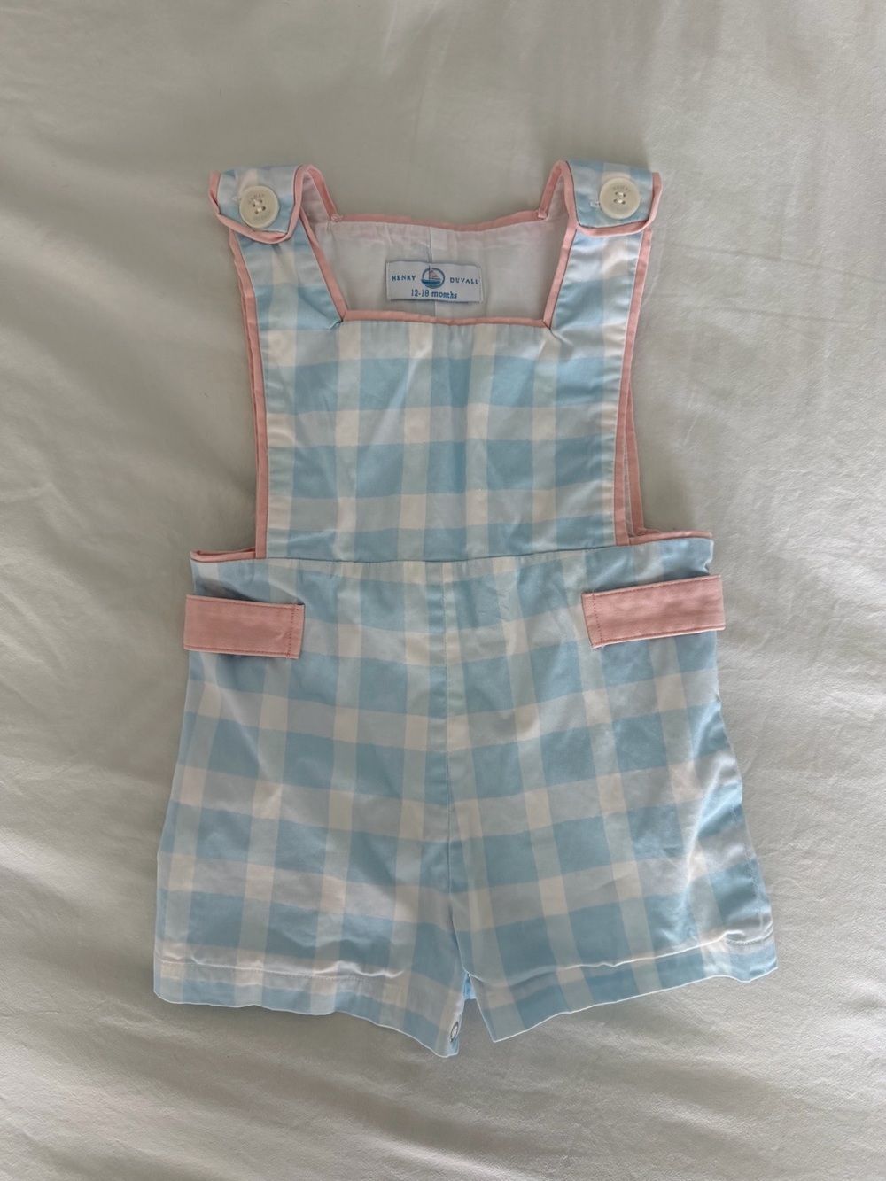 Henry Duvall Classic Blue & White Gingham Overalls with Pink Trim - Kids